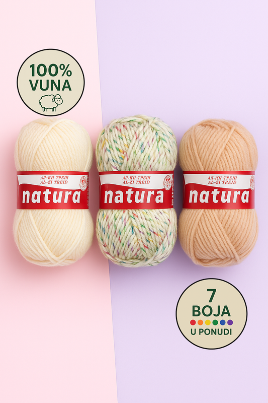 Vunica Natura 100g – 100% prirodna vunena nit iz Makedonije, idealna za pletenje, heklanje, kape, salove i dzempere
