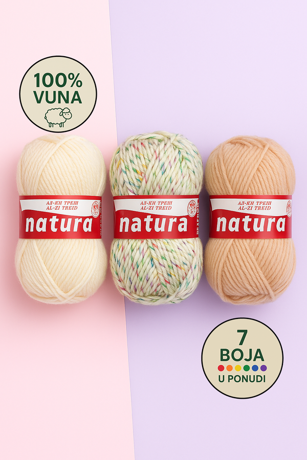 Vunica Natura 100g – 100% prirodna vunena nit iz Makedonije, idealna za pletenje, heklanje, kape, salove i dzempere
