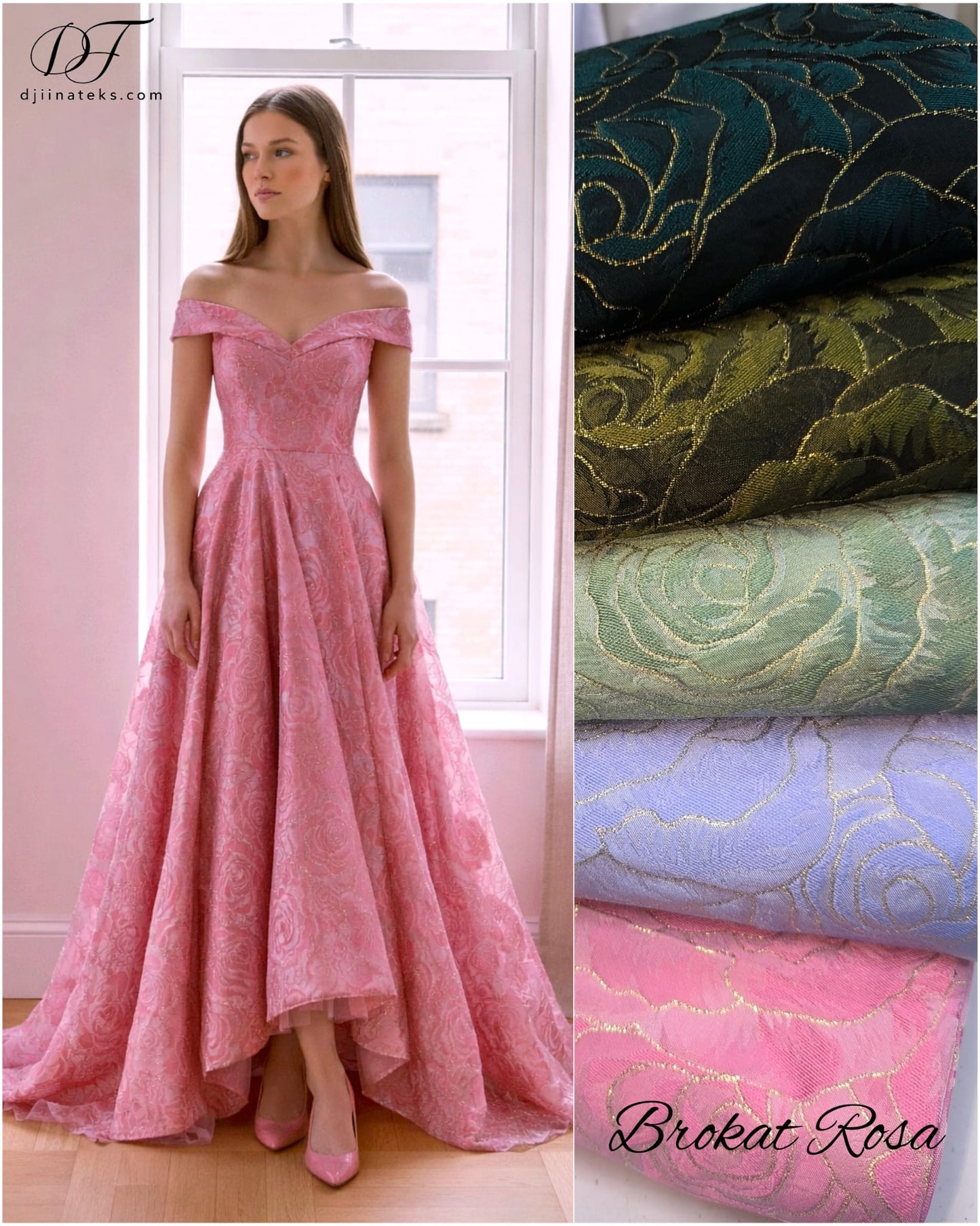 Brokat Rosa sa reljefnim ružama – svečana tkanina za haljine - DjinaTeks